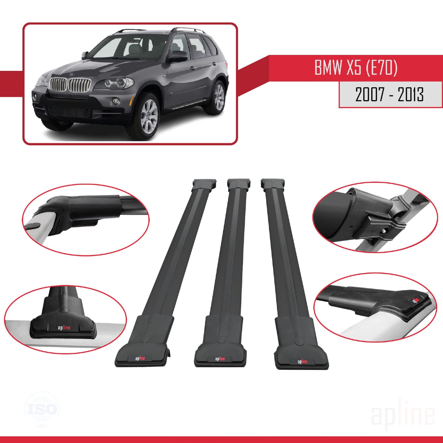 Compatible avec BMW X5 (E70) 2007-2013 FLY Model Barres de Toit Railing Porte-Bagages de Voiture Noir Aluminium 3 Barres