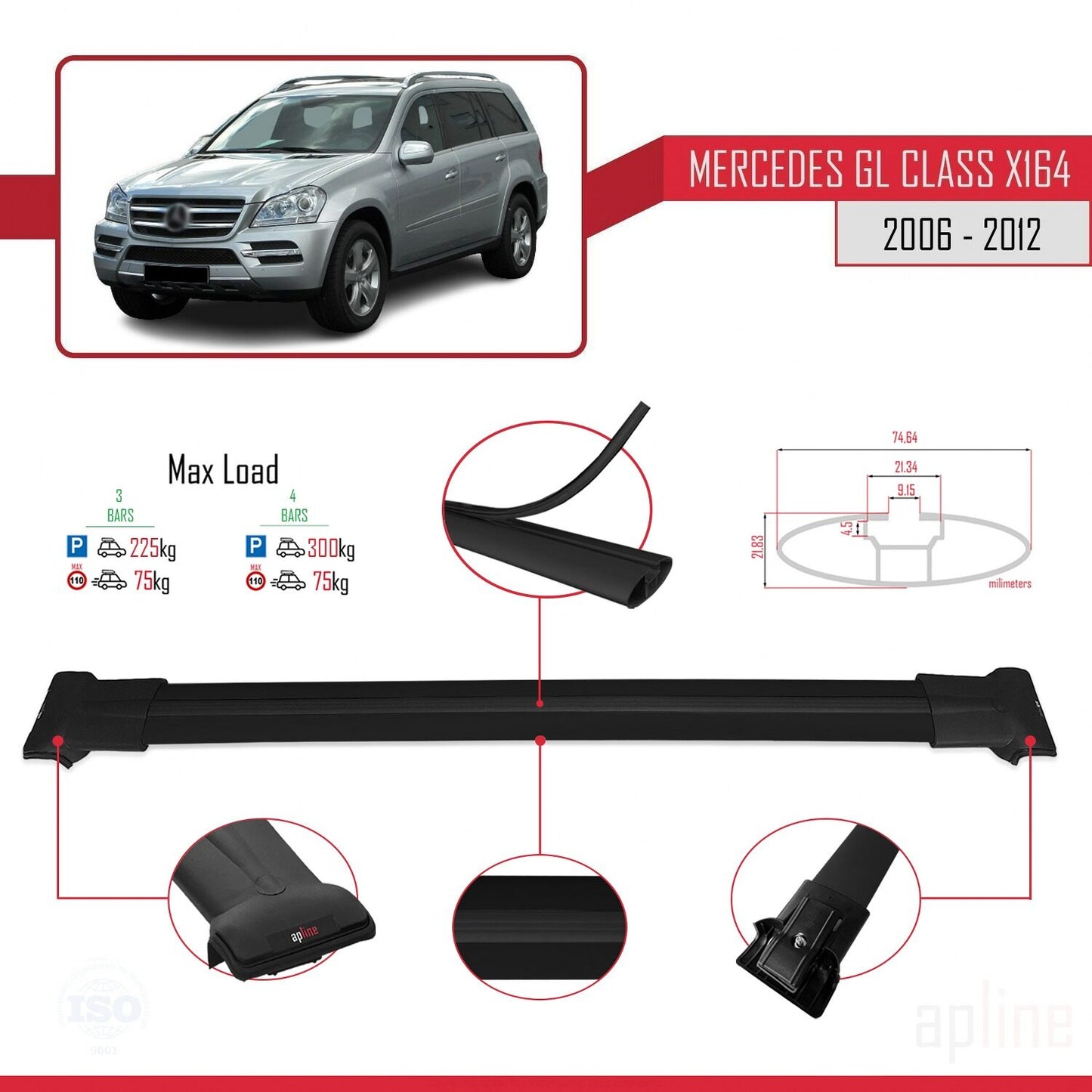 Compatible avec Mercedes Classe GL (X164) 2006-2012 FLY Model Barres de Toit Railing Porte-Bagages de Voiture Noir Aluminium 3 Barres
