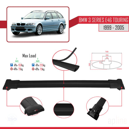 Compatible avec BMW Série 3 (E46) Touring 1999-2005 FLY Model Barres de Toit Railing Porte-Bagages de Voiture Noir Aluminium 2 Barres