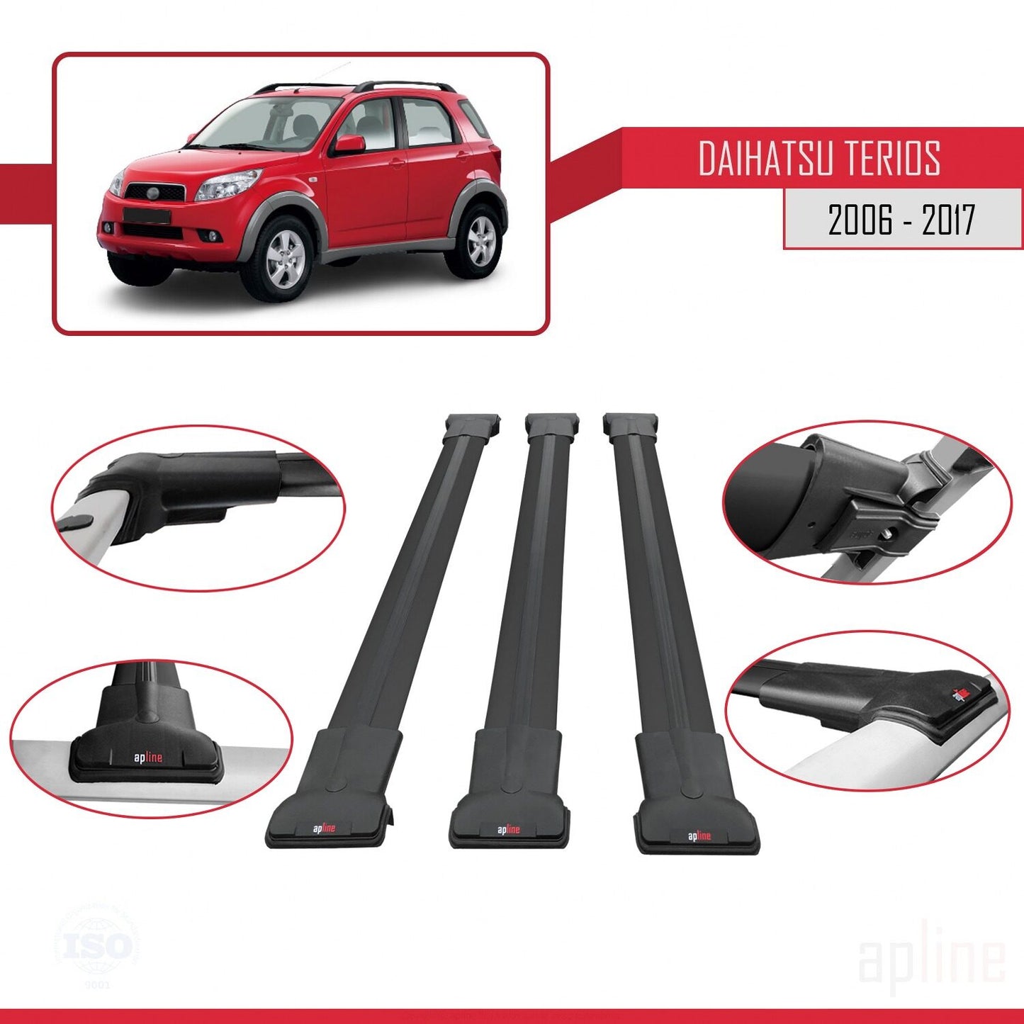 Compatible avec Daihatsu Terios 2 (J200) 2006-2017 FLY Model Barres de Toit Railing Porte-Bagages de Voiture Noir Aluminium 3 Barres