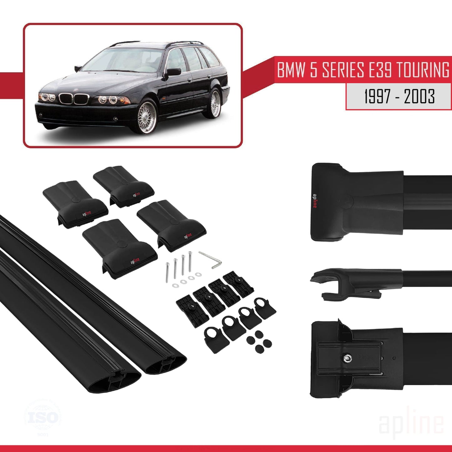 Compatible avec BMW Série 5 (E39) Touring 1997-2003 FLY Model Barres de Toit Railing Porte-Bagages de Voiture Noir Aluminium 2 Barres