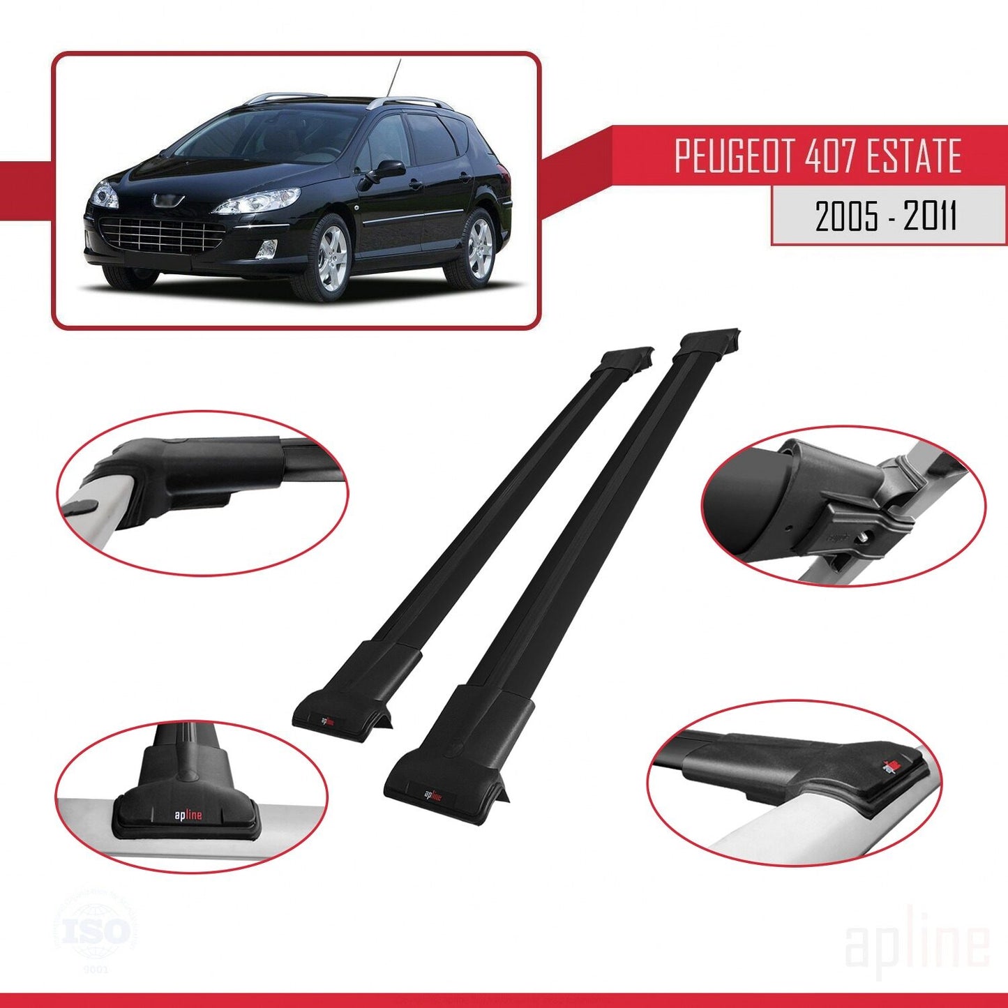 Compatible avec Peugeot 407 Break 2005-2011 FLY Model Barres de Toit Railing Porte-Bagages de Voiture Noir Aluminium 2 Barres