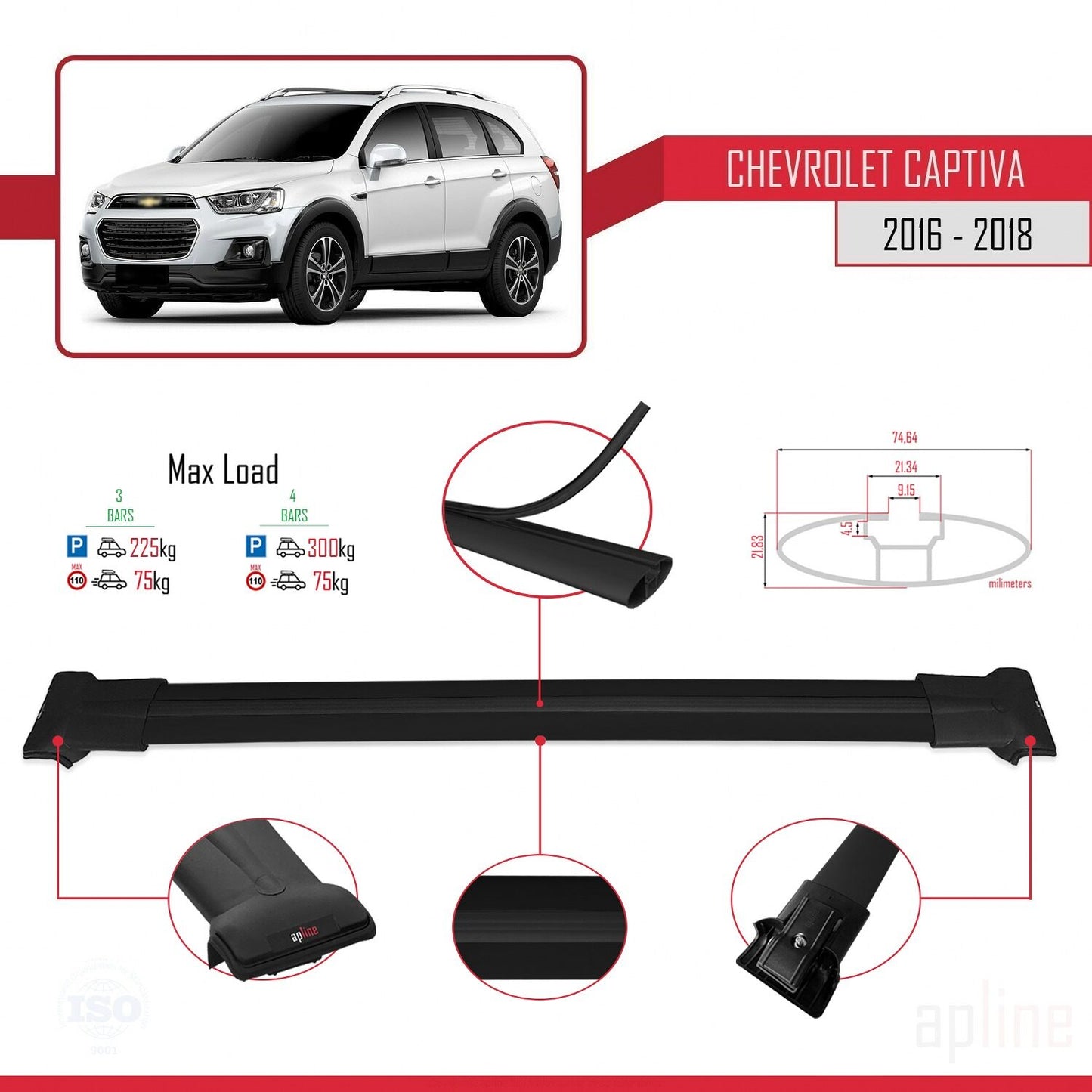 Compatible avec Chevrolet Captiva 2016-2018 FLY Model Barres de Toit Railing Porte-Bagages de Voiture Noir Aluminium 3 Barres