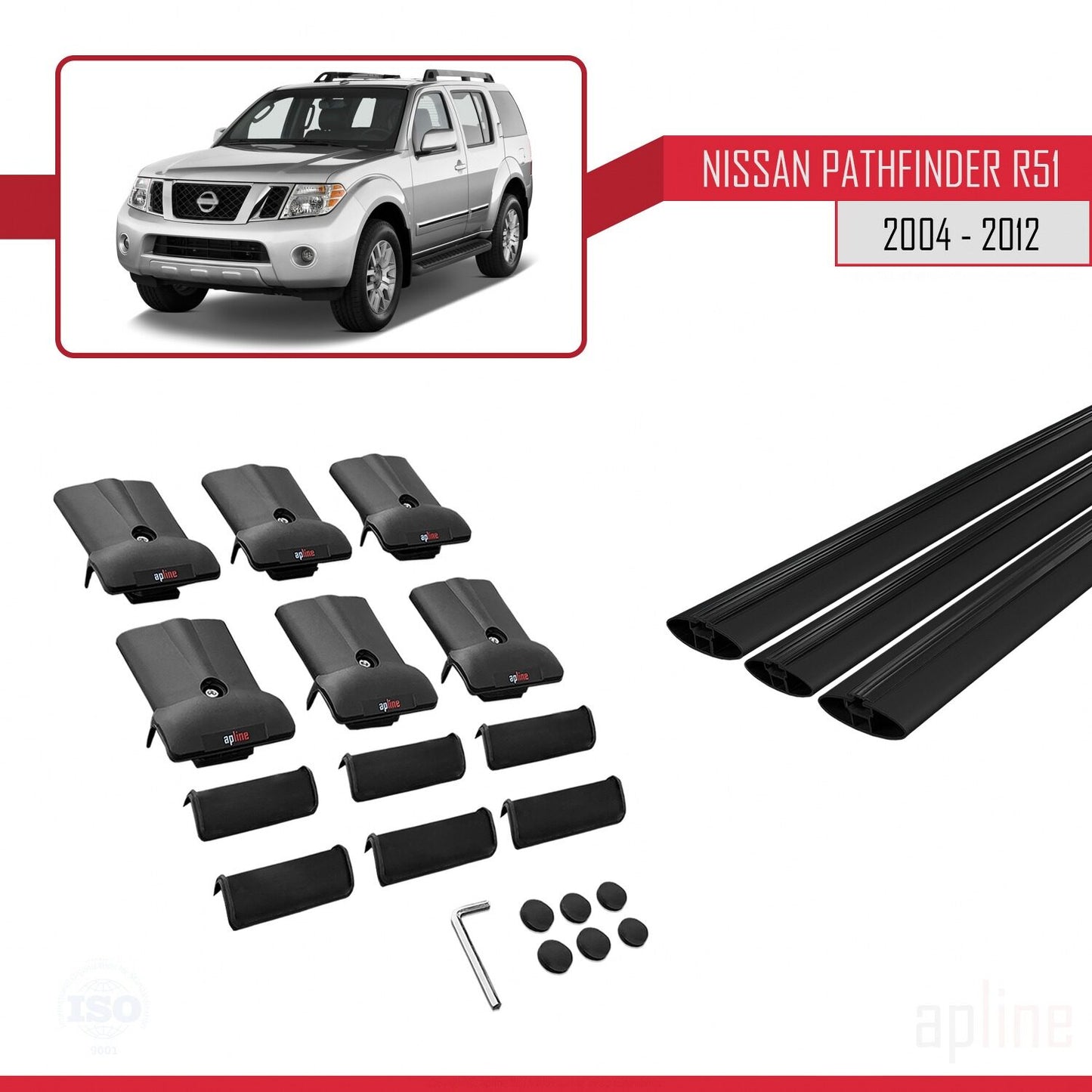 Compatible avec Nissan Pathfinder 3 (R51) 2004-2012 FLY Model Barres de Toit Railing Porte-Bagages de Voiture Noir Aluminium 3 Barres