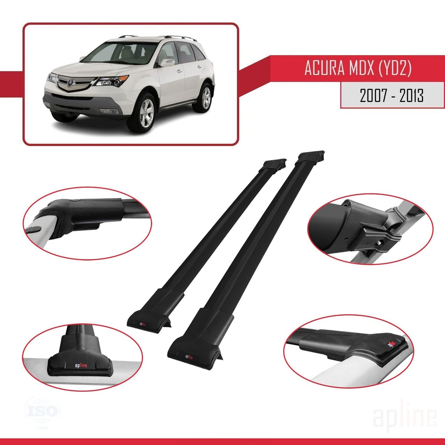 Compatible avec Acura MDX (YD2) 2007-2013 FLY Model Barres de Toit Railing Porte-Bagages de Voiture Noir Aluminium 2 Barres