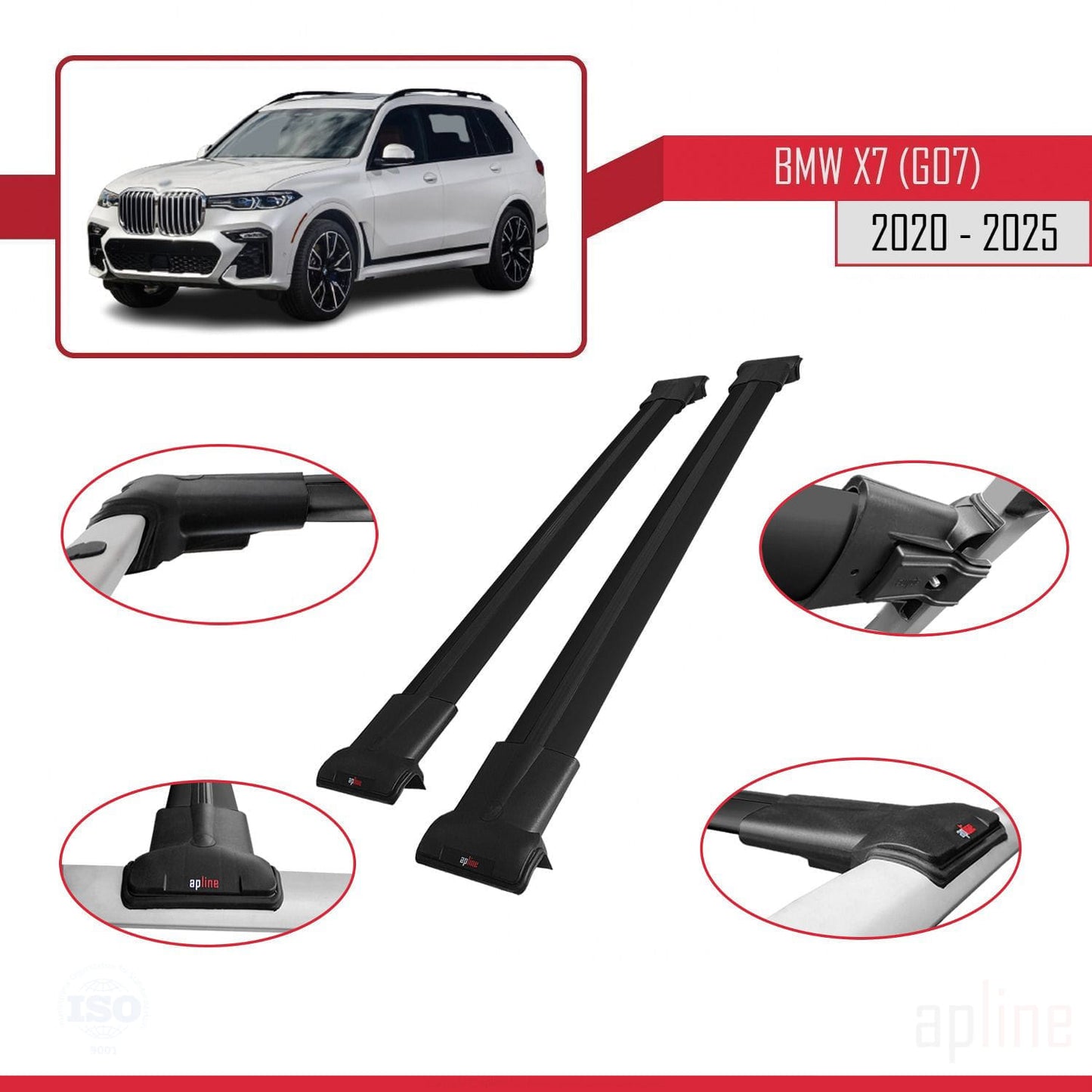 Compatible avec BMW X7 (G07) 2020-2025 FLY Model Barres de Toit Railing Porte-Bagages de Voiture Noir Aluminium 2 Barres