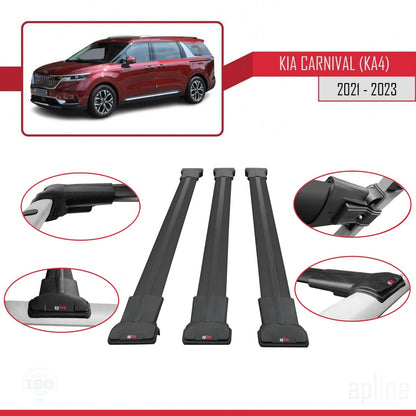Compatible avec Kia Carnival 4 (KA4) 2021-2023 FLY Model Barres de Toit Railing Porte-Bagages de Voiture Noir Aluminium 3 Barres