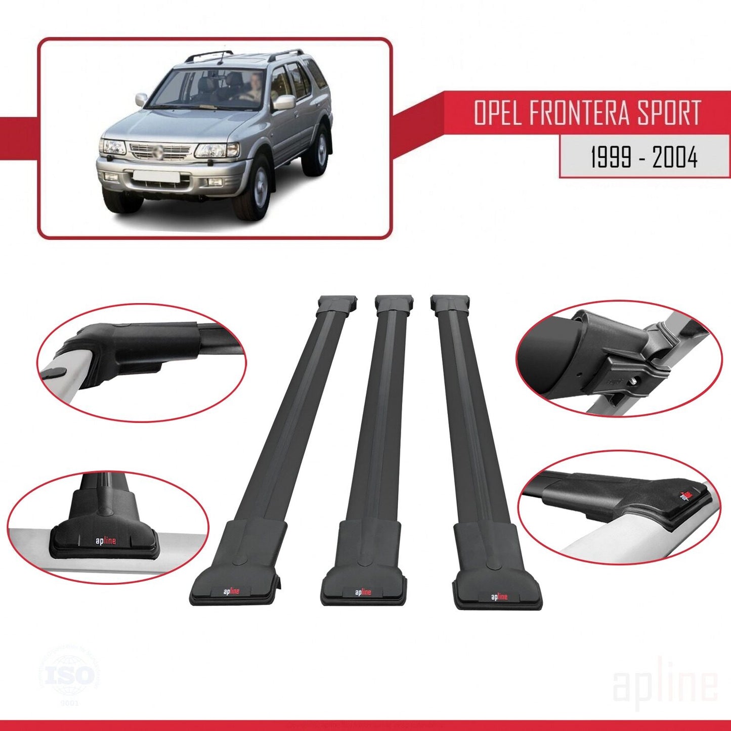 Compatible avec Opel Frontera Sport 2 1999-2004 FLY Model Barres de Toit Railing Porte-Bagages de Voiture Noir Aluminium 3 Barres