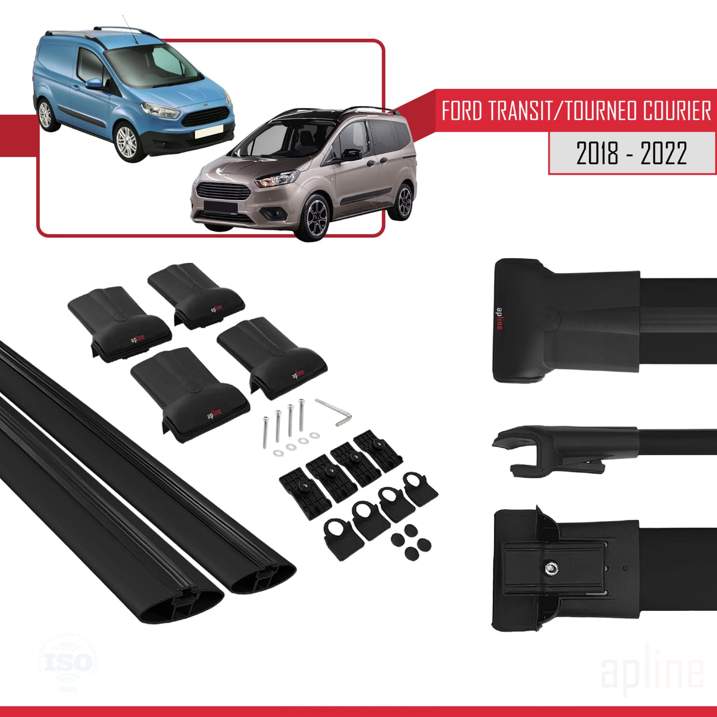 Compatible avec Ford Transit/Tourneo Courier Post-Facelift 2018-2022 FLY Model Barres de Toit Railing Porte-Bagages de Voiture Noir Aluminium 2 Barres