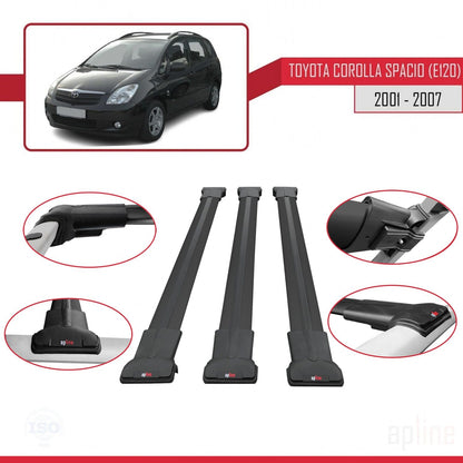 Compatible avec Toyota Corolla Spacio 2 (E120) 2001-2007 FLY Model Barres de Toit Railing Porte-Bagages de Voiture Noir Aluminium 3 Barres