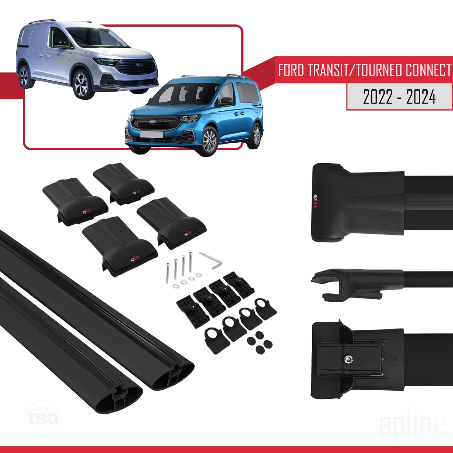 Compatible avec Ford Transit/Tourneo Connect 3 2022-2025 FLY Model Barres de Toit Railing Porte-Bagages de Voiture Noir Aluminium 2 Barres