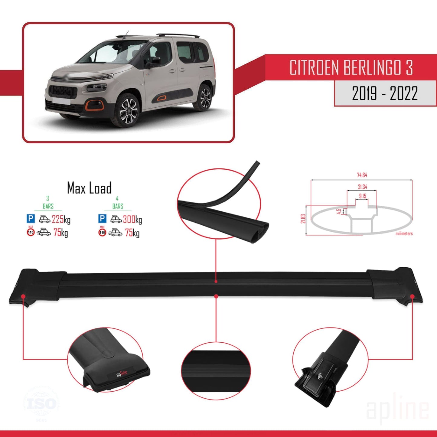 Compatible avec Citroen Berlingo 3 (K9) 2019-2022 FLY Model Barres de Toit Railing Porte-Bagages de Voiture Noir Aluminium 3 Barres