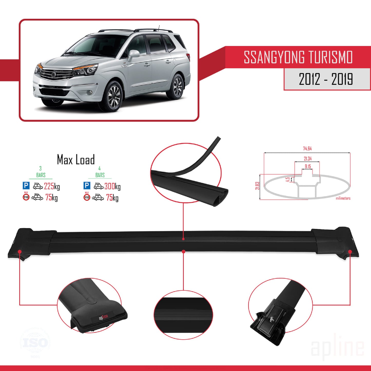 Compatible avec Ssangyong Turismo 2012-2019 FLY Model Barres de Toit Railing Porte-Bagages de Voiture Noir Aluminium 3 Barres