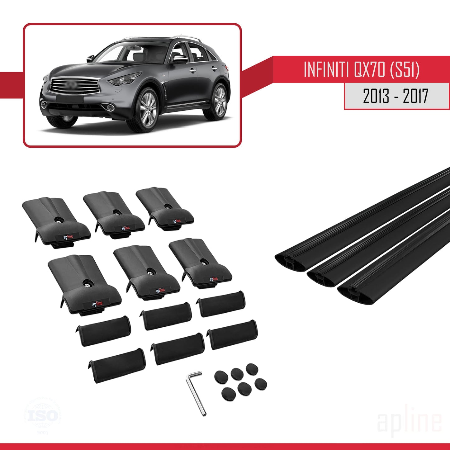 Compatible avec Infiniti QX70 (S51) 2013-2017 FLY Model Barres de Toit Railing Porte-Bagages de Voiture Noir Aluminium 3 Barres