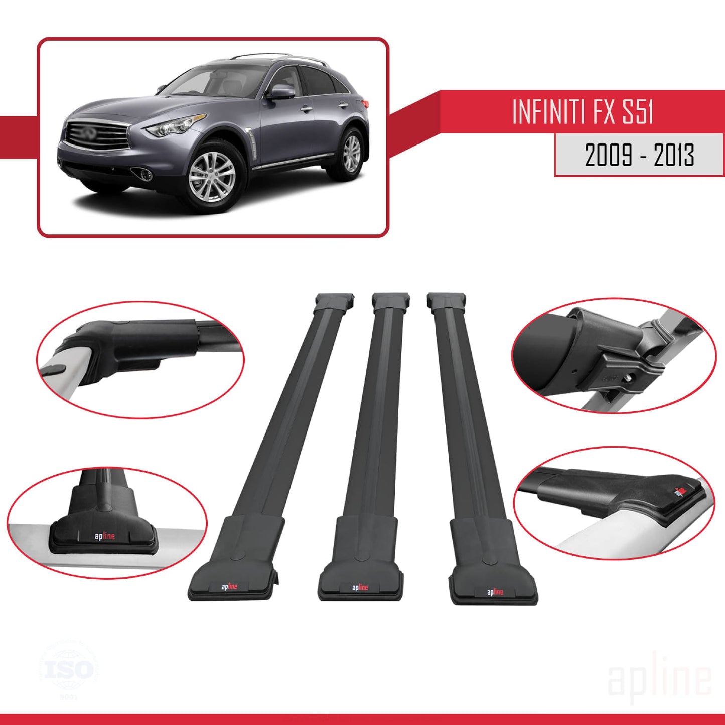 Compatible avec Infiniti FX 2 (S51) 2009-2013 FLY Model Barres de Toit Railing Porte-Bagages de Voiture Noir Aluminium 3 Barres