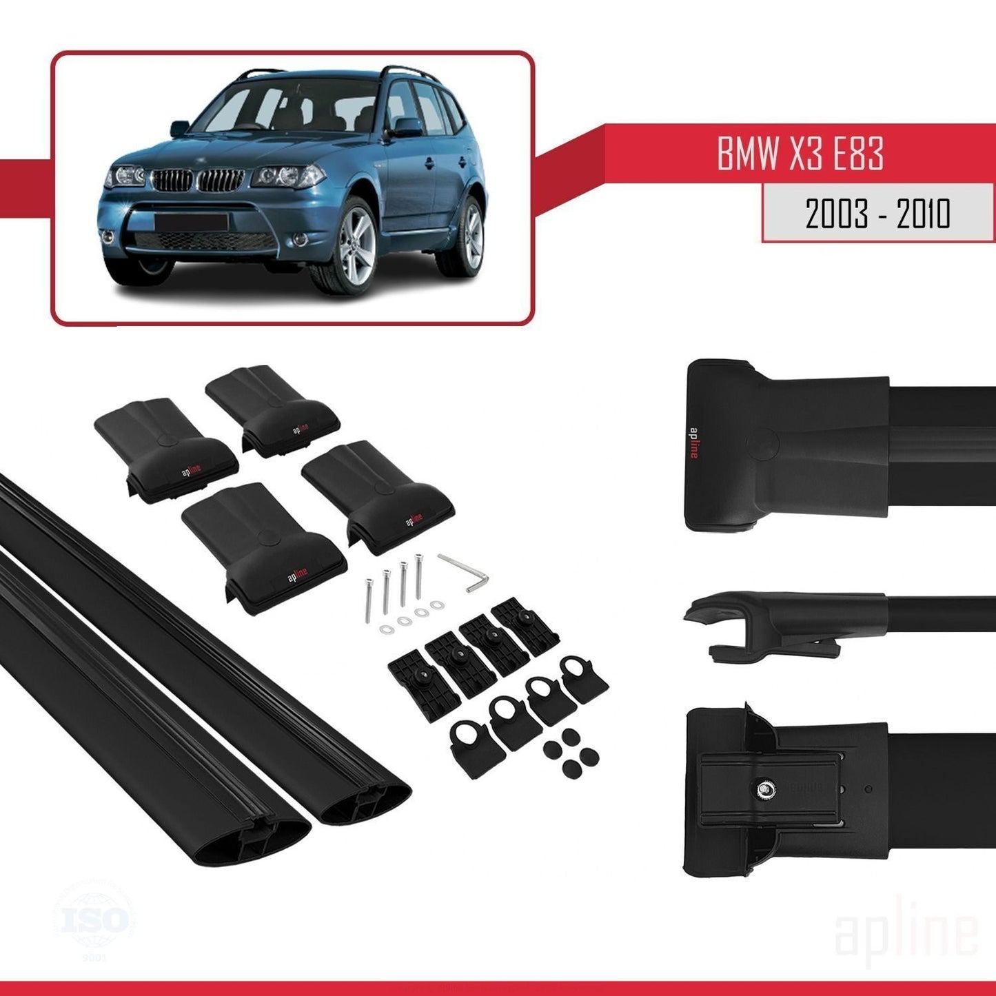 Compatible avec BMW X3 (E83) 2003-2010 FLY Model Barres de Toit Railing Porte-Bagages de Voiture Noir Aluminium 2 Barres