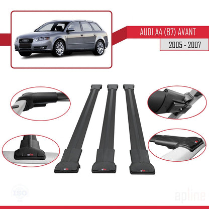 Compatible avec A4 (B7) Avant 2005-2007 FLY Model Barres de Toit Railing Porte-Bagages de Voiture Noir Aluminium 3 Barres