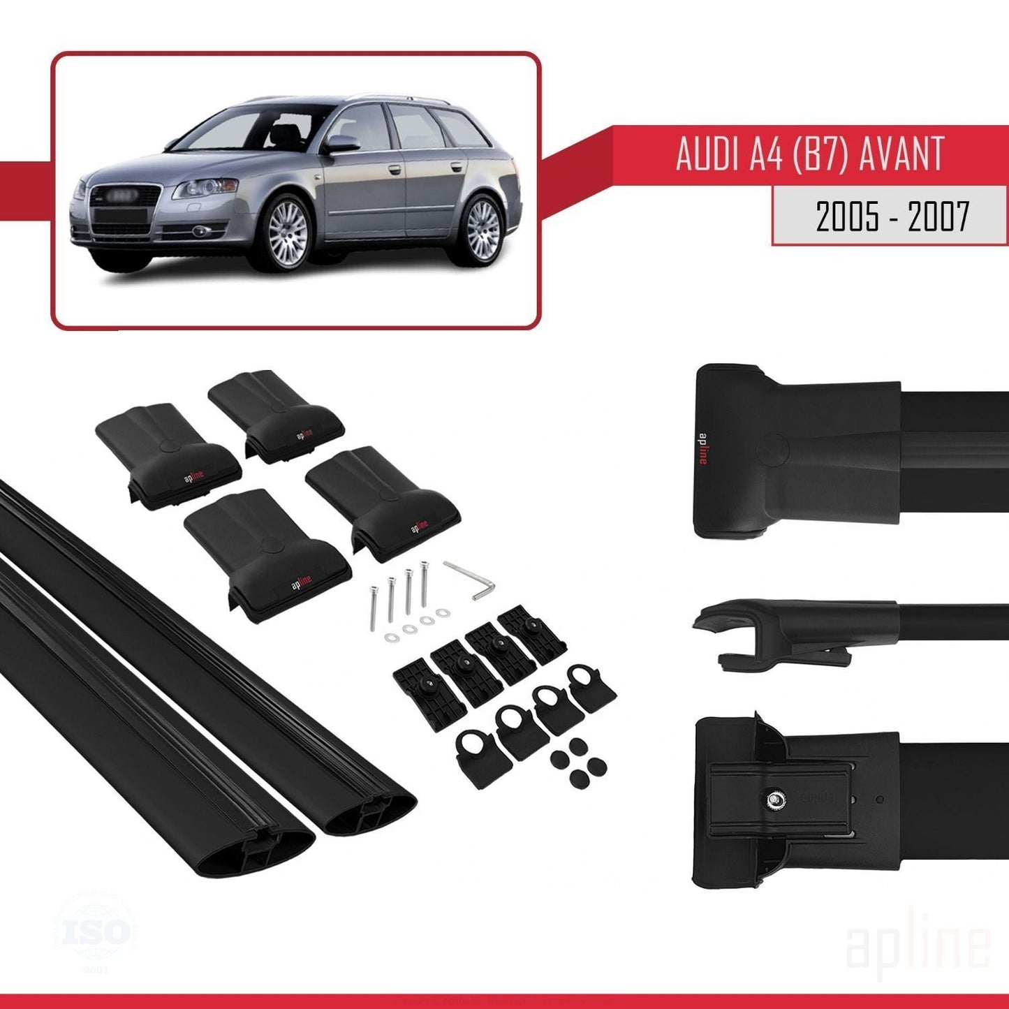 Compatible avec A4 (B7) Avant 2005-2007 FLY Model Barres de Toit Railing Porte-Bagages de Voiture Noir Aluminium 2 Barres