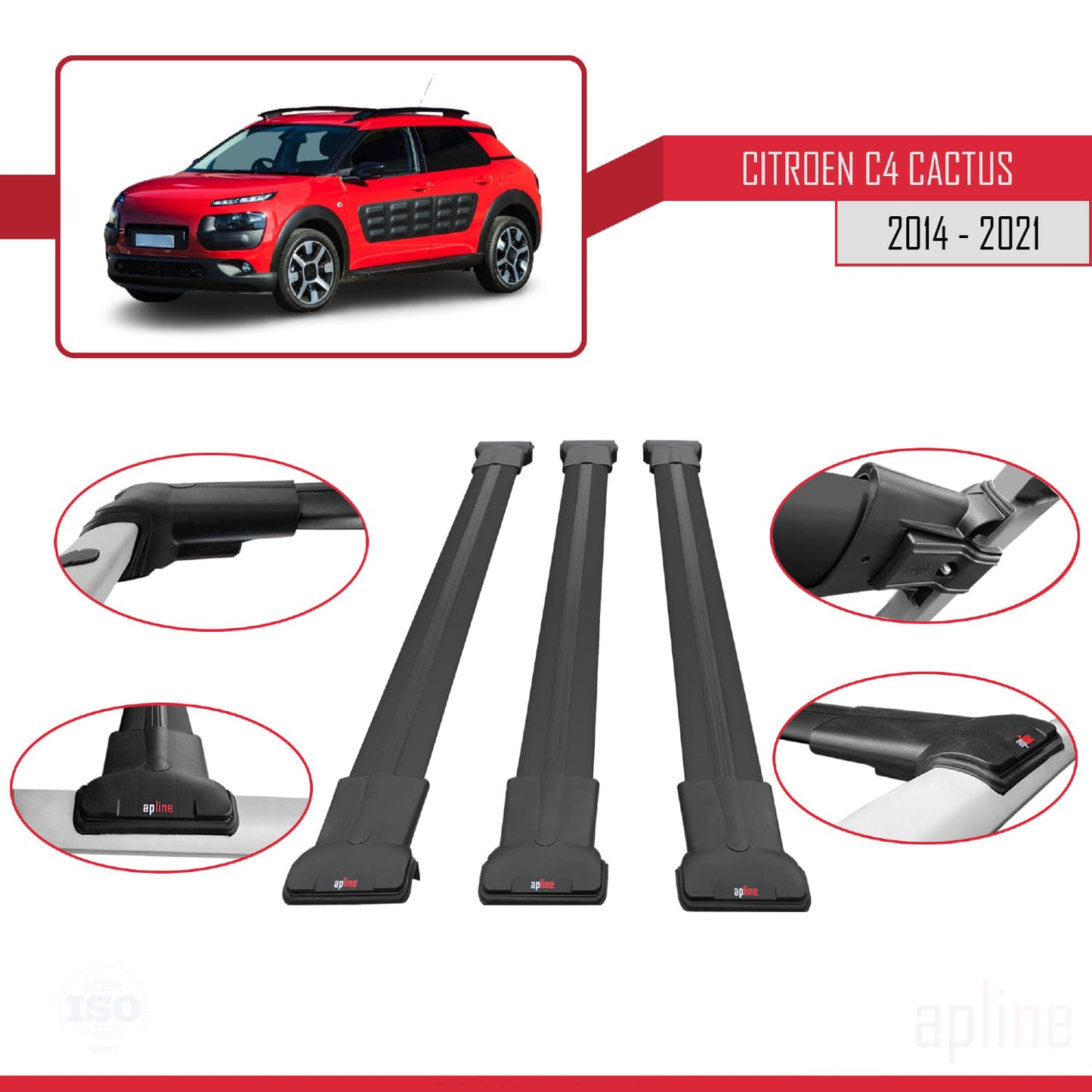 Compatible avec Citroen C4 Cactus 2014-2021 FLY Model Barres de Toit Railing Porte-Bagages de Voiture Noir Aluminium 3 Barres
