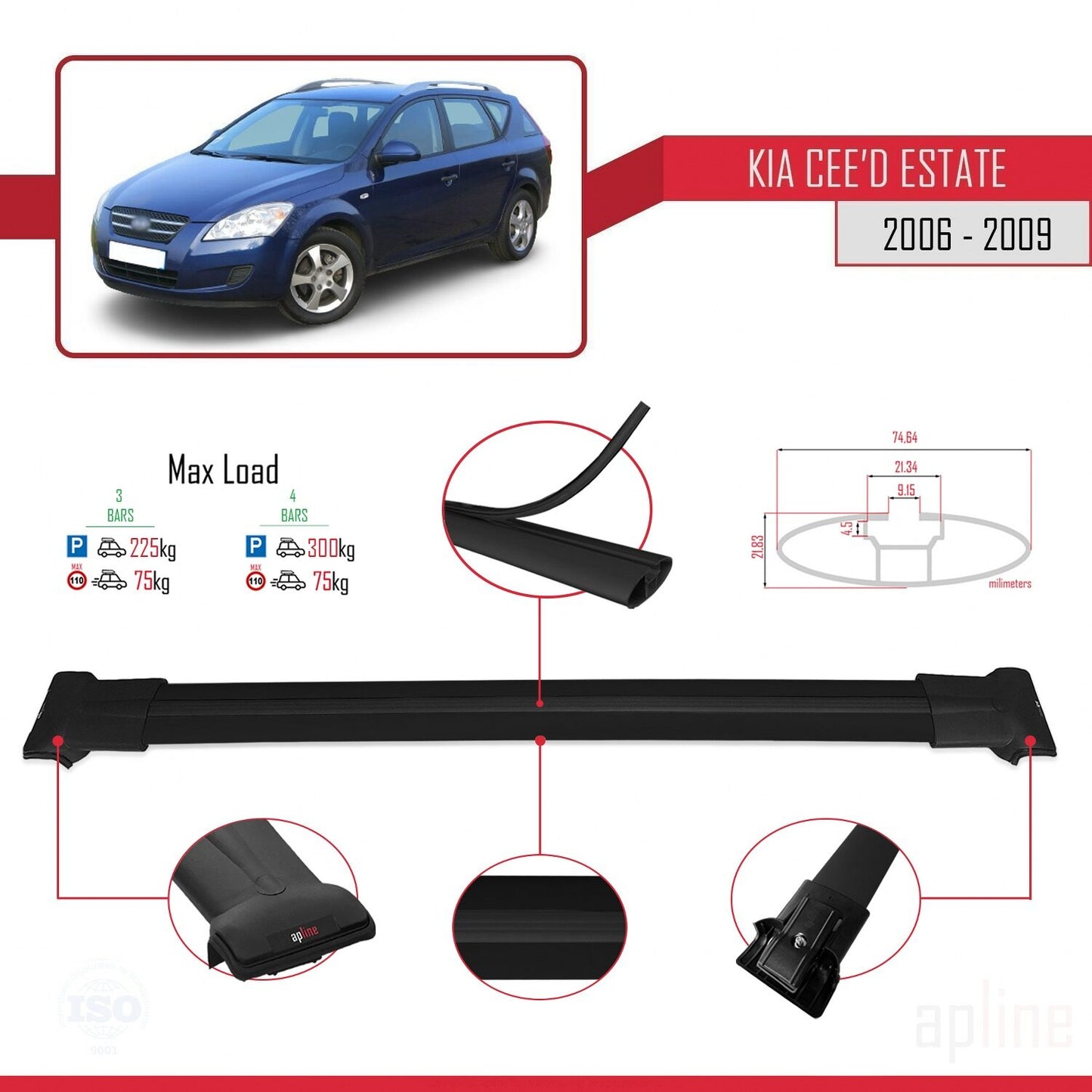 Compatible avec Kia Ceed (ED) Break Pre-Facelift 2006-2009 FLY Model Barres de Toit Railing Porte-Bagages de Voiture Noir Aluminium 3 Barres