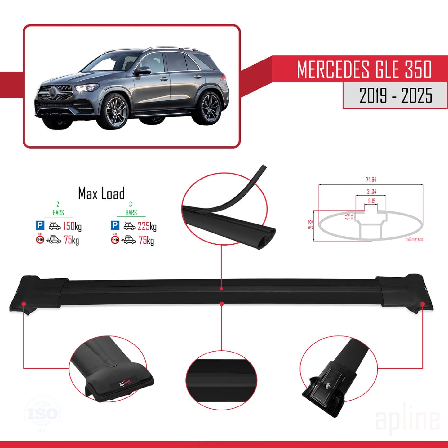Compatible avec Mercedes Classe GLE 4 (V167) 2019-2025 FLY Model Barres de Toit Railing Porte-Bagages de Voiture Noir Aluminium 2 Barres