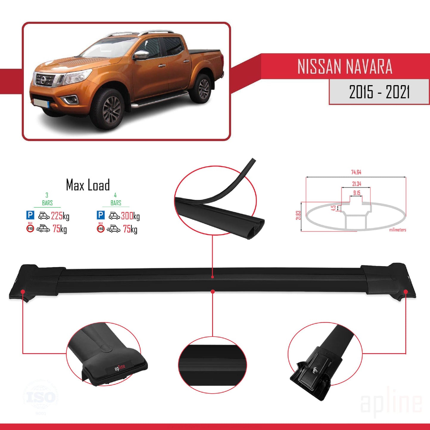 Compatible avec Nissan Navara 4 (D23) 2015-2021 FLY Model Barres de Toit Railing Porte-Bagages de Voiture Noir Aluminium 3 Barres