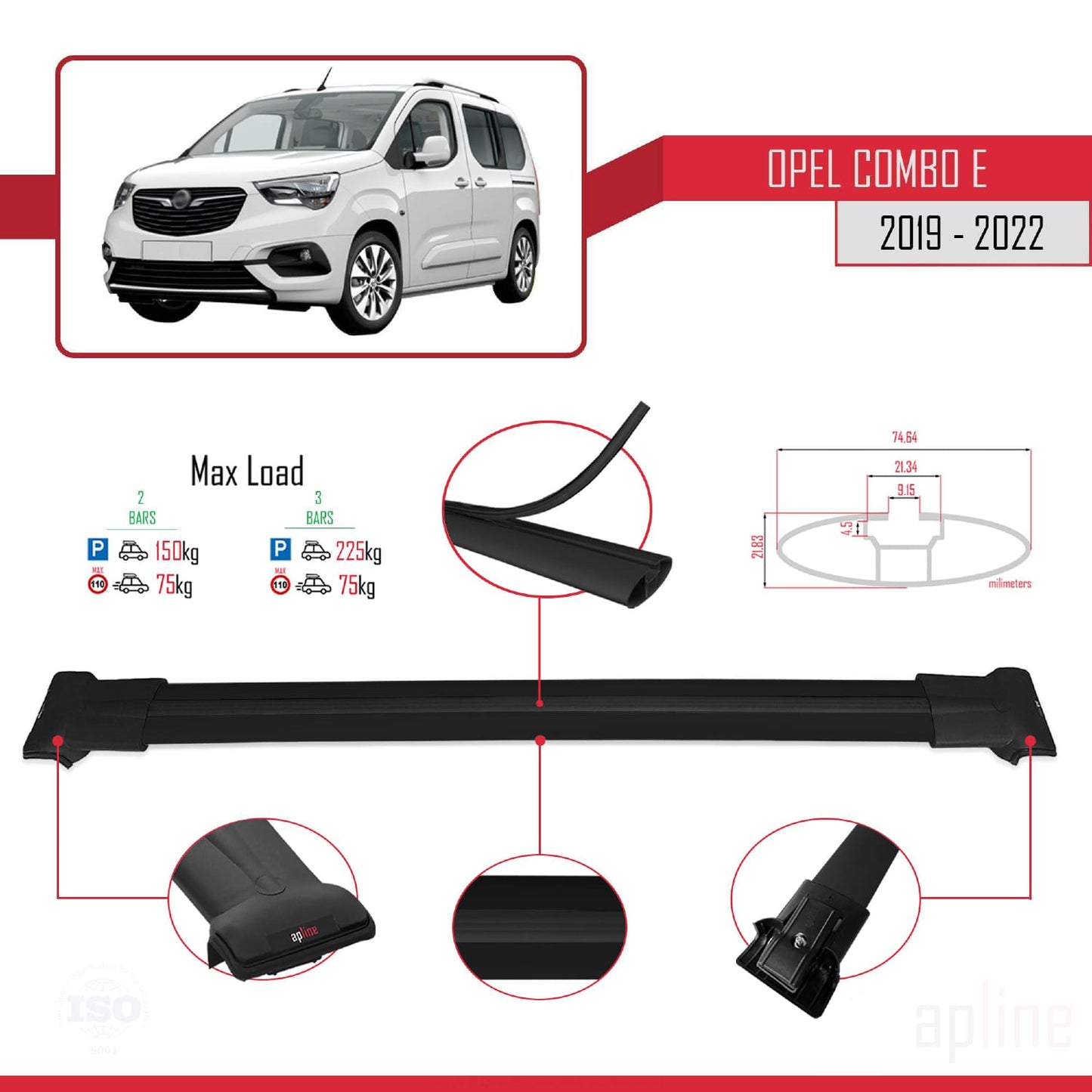Compatible avec Opel Combo E 2019-2022 FLY Model Barres de Toit Railing Porte-Bagages de Voiture Noir Aluminium 2 Barres