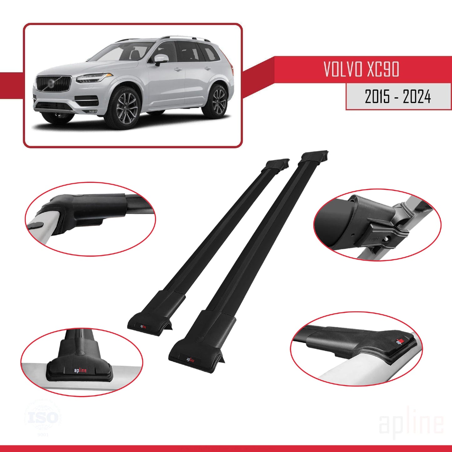 Compatible avec Volvo XC90 II 2015-2025 FLY Model Barres de Toit Railing Porte-Bagages de Voiture Noir Aluminium 2 Barres