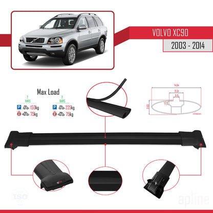 Compatible avec Volvo XC90 2003-2014 FLY Model Barres de Toit Railing Porte-Bagages de Voiture Noir Aluminium 2 Barres