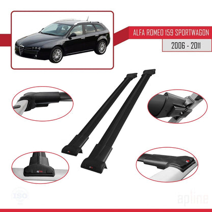 Compatible avec Alfa Romeo 159 (T939) Break 2006-2011 FLY Model Barres de Toit Railing Porte-Bagages de Voiture Noir Aluminium 2 Barres