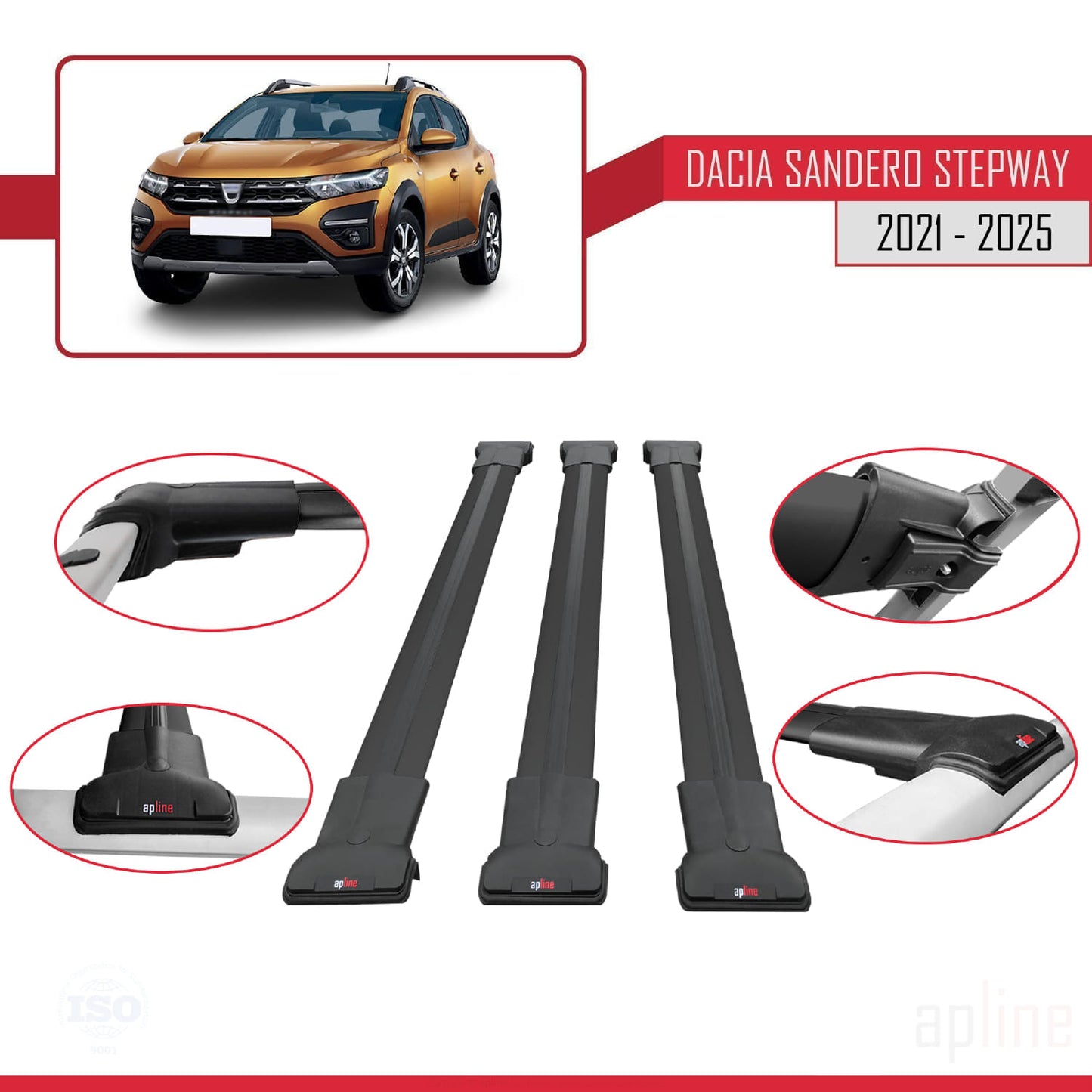 Compatible avec Dacia Sandero Stepway 3 2021-2025 FLY Model Barres de Toit Railing Porte-Bagages de Voiture Noir Aluminium 3 Barres