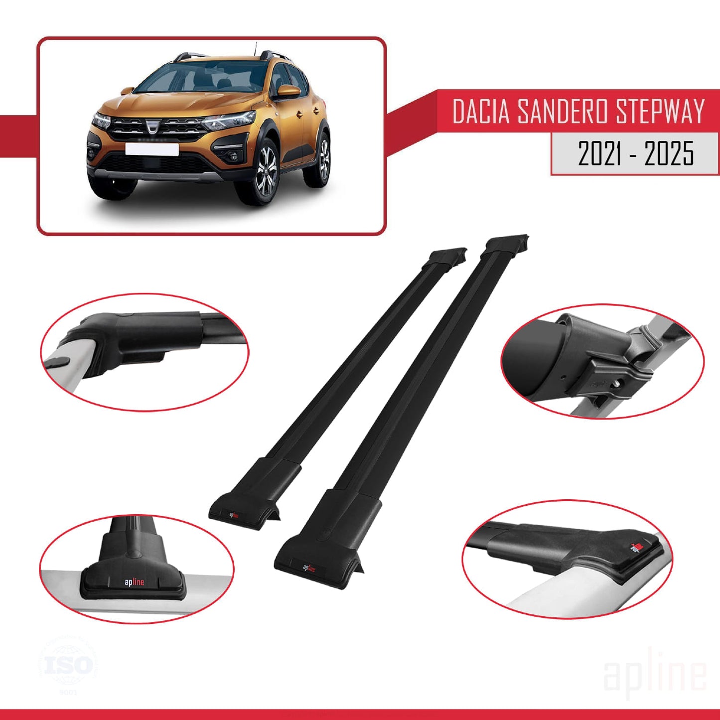 Compatible avec Dacia Sandero Stepway 3 2021-2025 FLY Model Barres de Toit Railing Porte-Bagages de Voiture Noir Aluminium 2 Barres