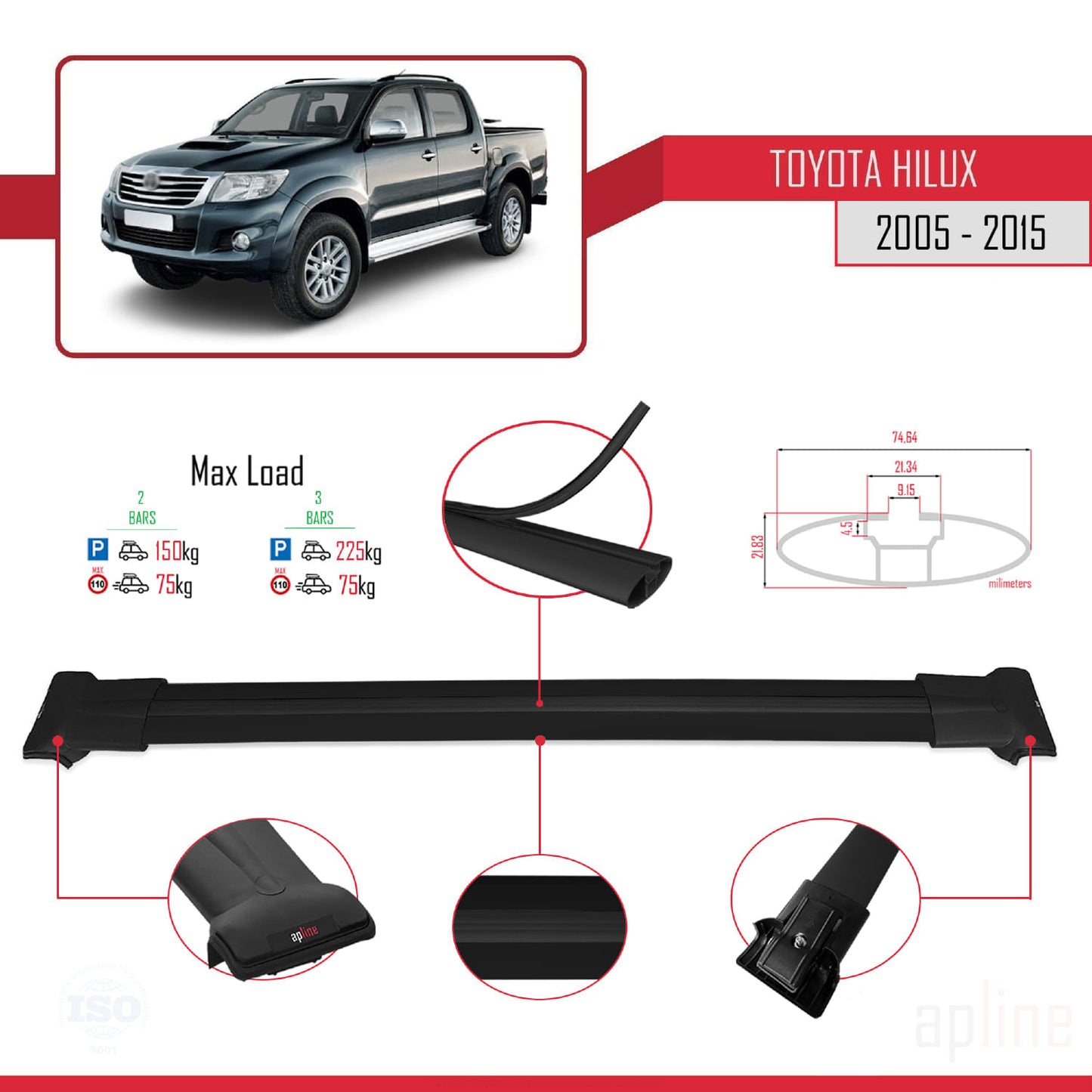 Compatible avec Toyota Hilux 7 (AN30) 2005-2015 FLY Model Barres de Toit Railing Porte-Bagages de Voiture Noir Aluminium 2 Barres