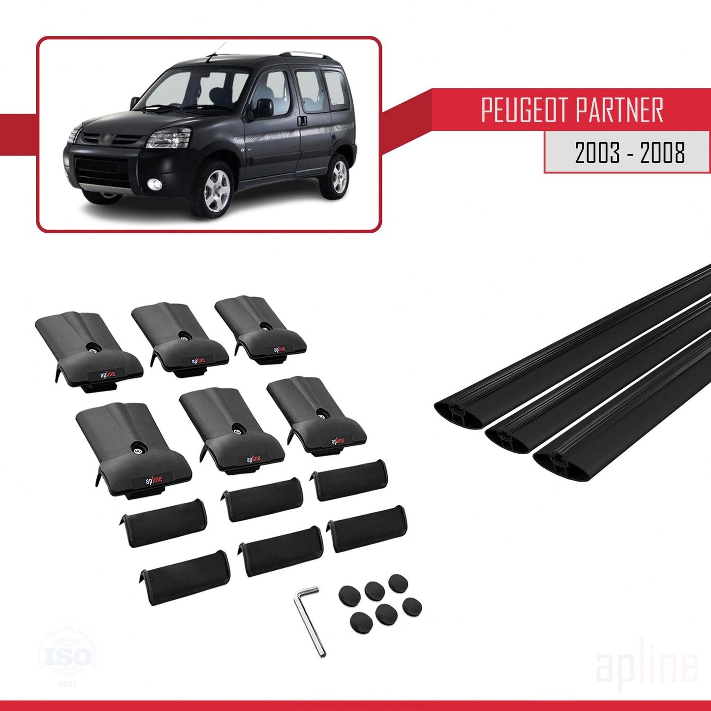 Compatible avec Peugeot Partner Post-Facelift 2003-2008 FLY Model Barres de Toit Railing Porte-Bagages de Voiture Noir Aluminium 3 Barres
