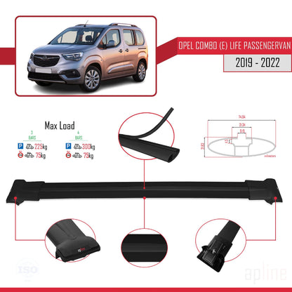 Compatible avec Opel Combo E Cargo 2019-2022 FLY Model Barres de Toit Railing Porte-Bagages de Voiture Noir Aluminium 3 Barres