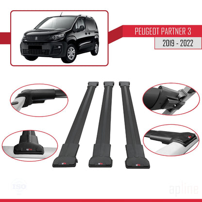 Compatible avec Peugeot Partner 3 2019-2022 FLY Model Barres de Toit Railing Porte-Bagages de Voiture Noir Aluminium 3 Barres