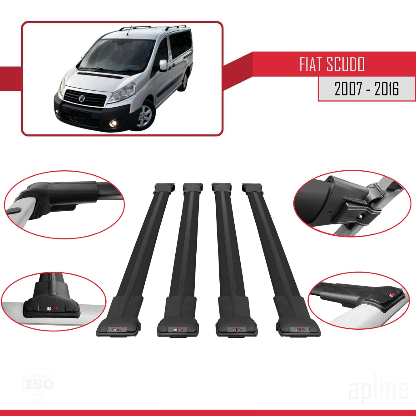 Compatible avec Fiat Scudo 2 2007-2016 FLY Model Barres de Toit Railing Porte-Bagages de Voiture Noir Aluminium 4 Barres