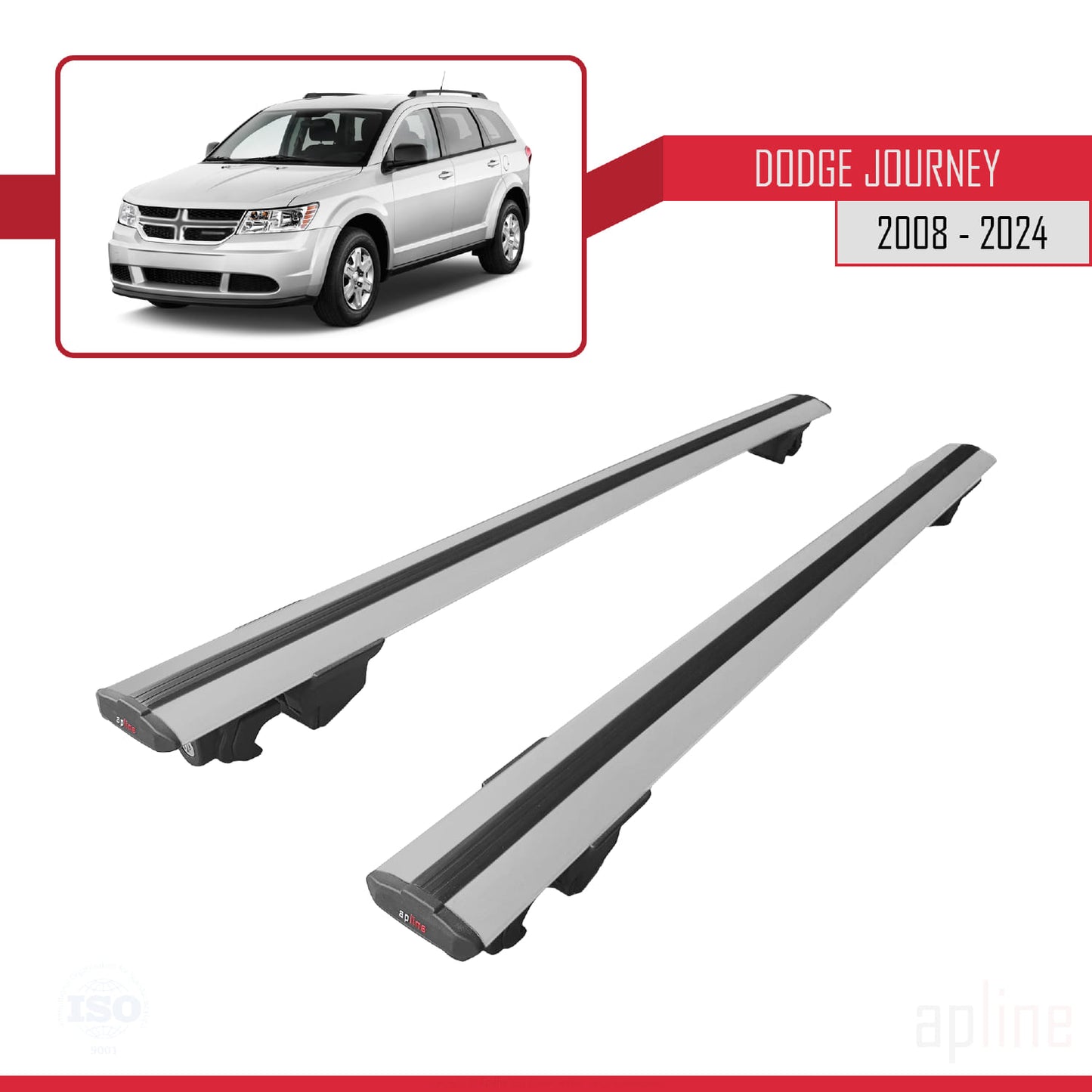 Compatible avec Dodge Journey 2008-2024 HOOK Model Barres de Toit Railing Porte-Bagages de Voiture Gris Aluminium 2 Barres