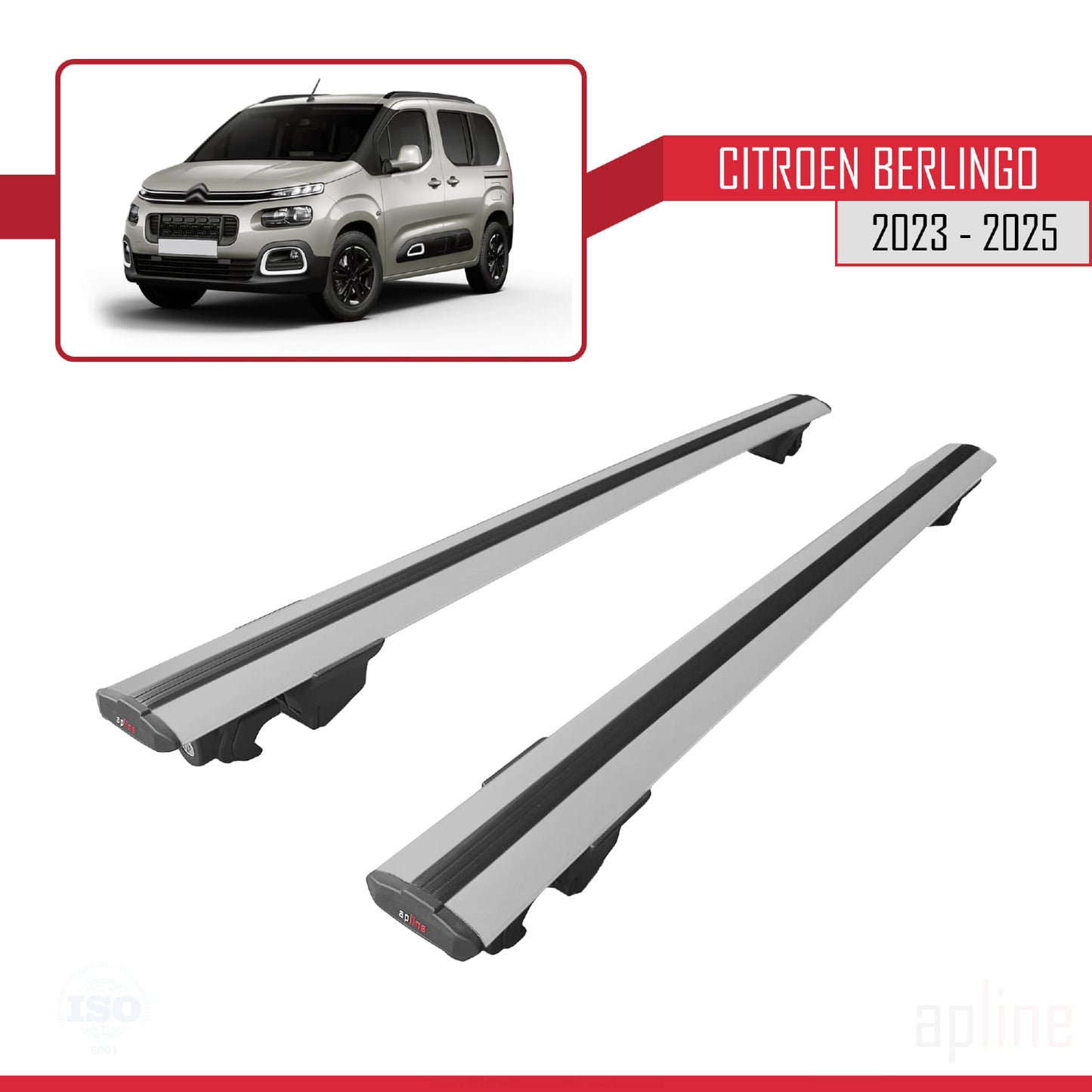 Compatible avec Citroen Berlingo 3 (K9) 2023-2025 HOOK Model Barres de Toit Railing Porte-Bagages de Voiture Gris Aluminium 2 Barres