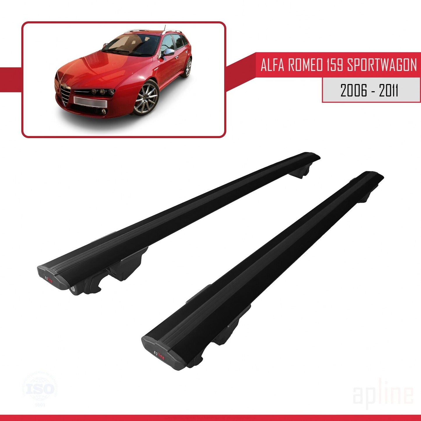 Compatible avec Alfa Romeo 159 (T939) Break 2006-2011 HOOK Model Barres de Toit Railing Porte-Bagages de Voiture Noir Aluminium 2 Barres