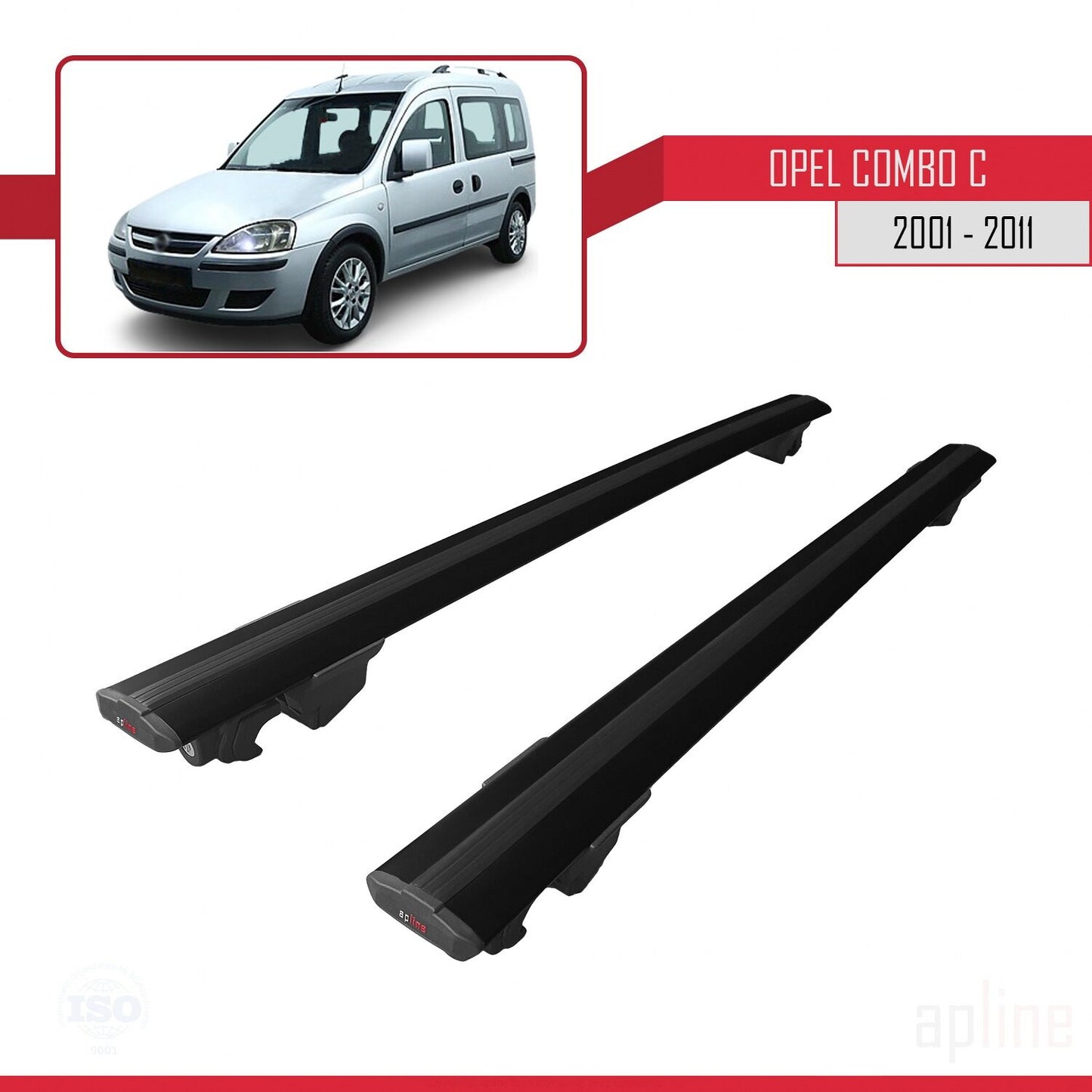 Compatible avec Opel Combo C 2001-2011 HOOK Model Barres de Toit Railing Porte-Bagages de Voiture Noir Aluminium 2 Barres