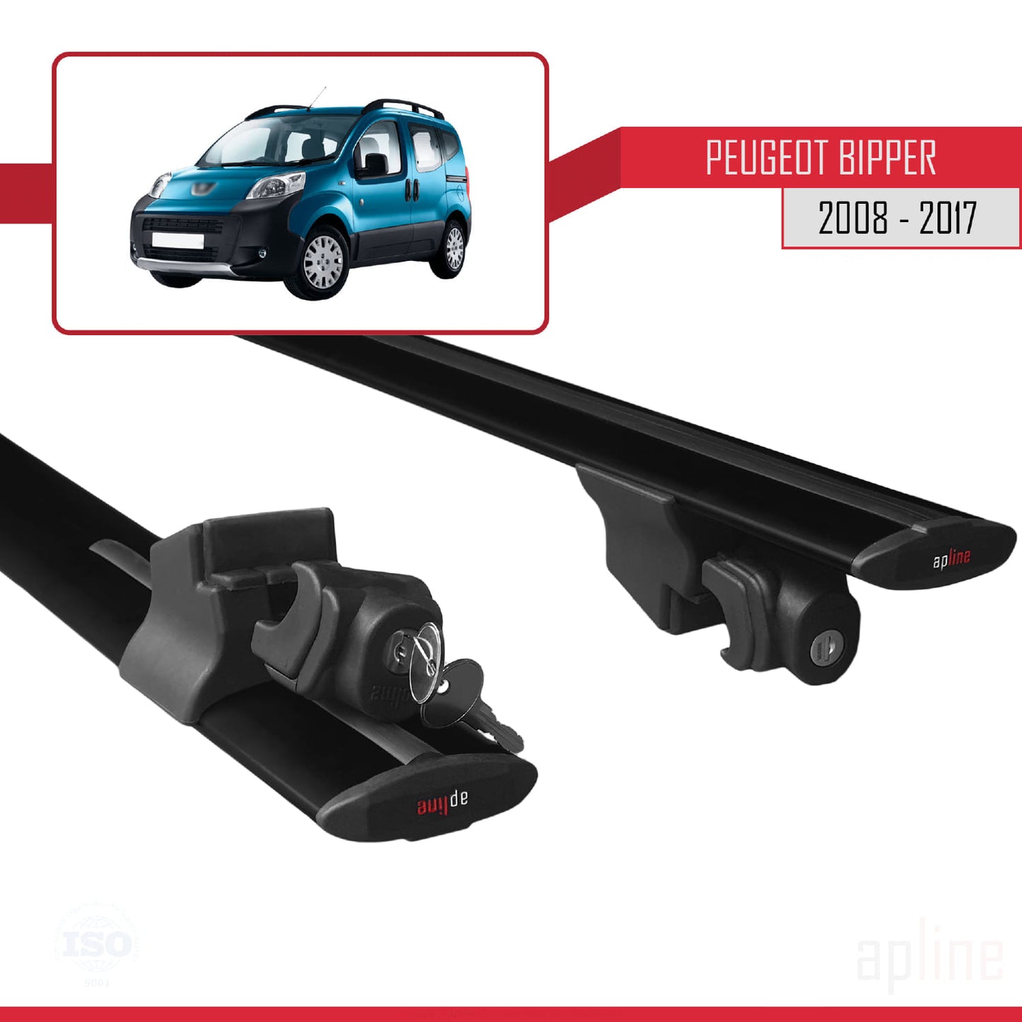 Compatible avec Peugeot Bipper 2008-2017 HOOK Model Barres de Toit Railing Porte-Bagages de Voiture Noir Aluminium 2 Barres