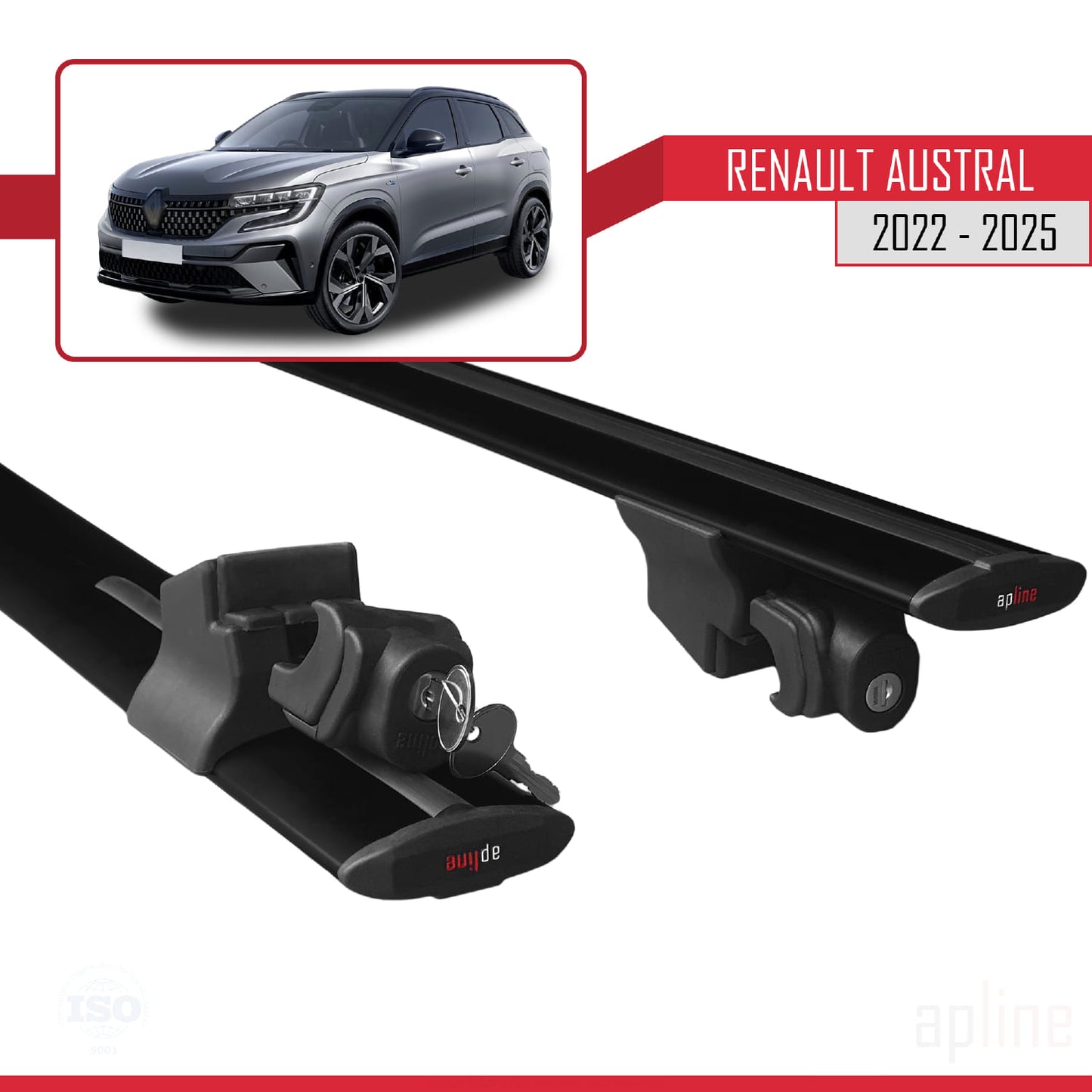 Compatible avec Renault Austral (RHN) 2022-2025 HOOK Model Barres de Toit Railing Porte-Bagages de Voiture Noir Aluminium 2 Barres