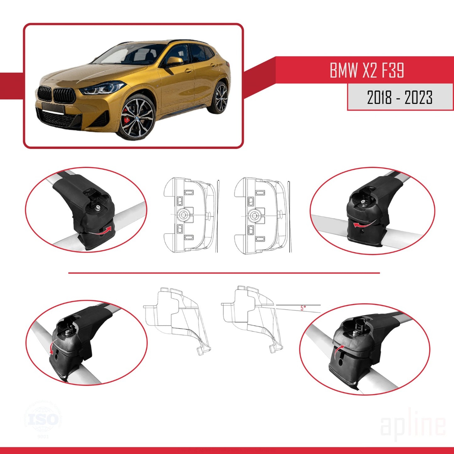 Compatible avec BMW X2 (F39) 2018-2023 ACE-2 Barres de Toit Railing Porte-Bagages de Voiture Gris Aluminium 2 Barres