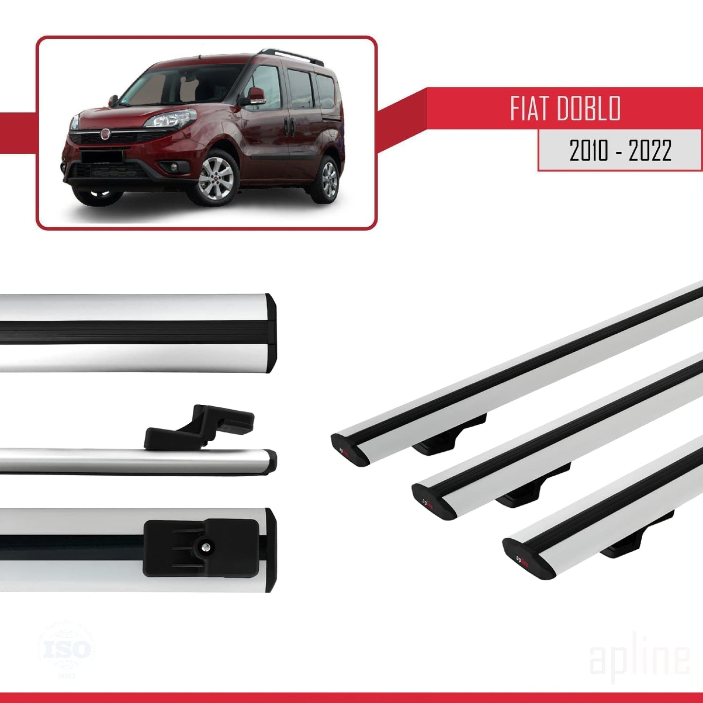 Compatible avec Fiat Doblo 2 2010-2022 BASIC Model Barres de Toit Railing Porte-Bagages de Voiture Gris Aluminium 3 Barres