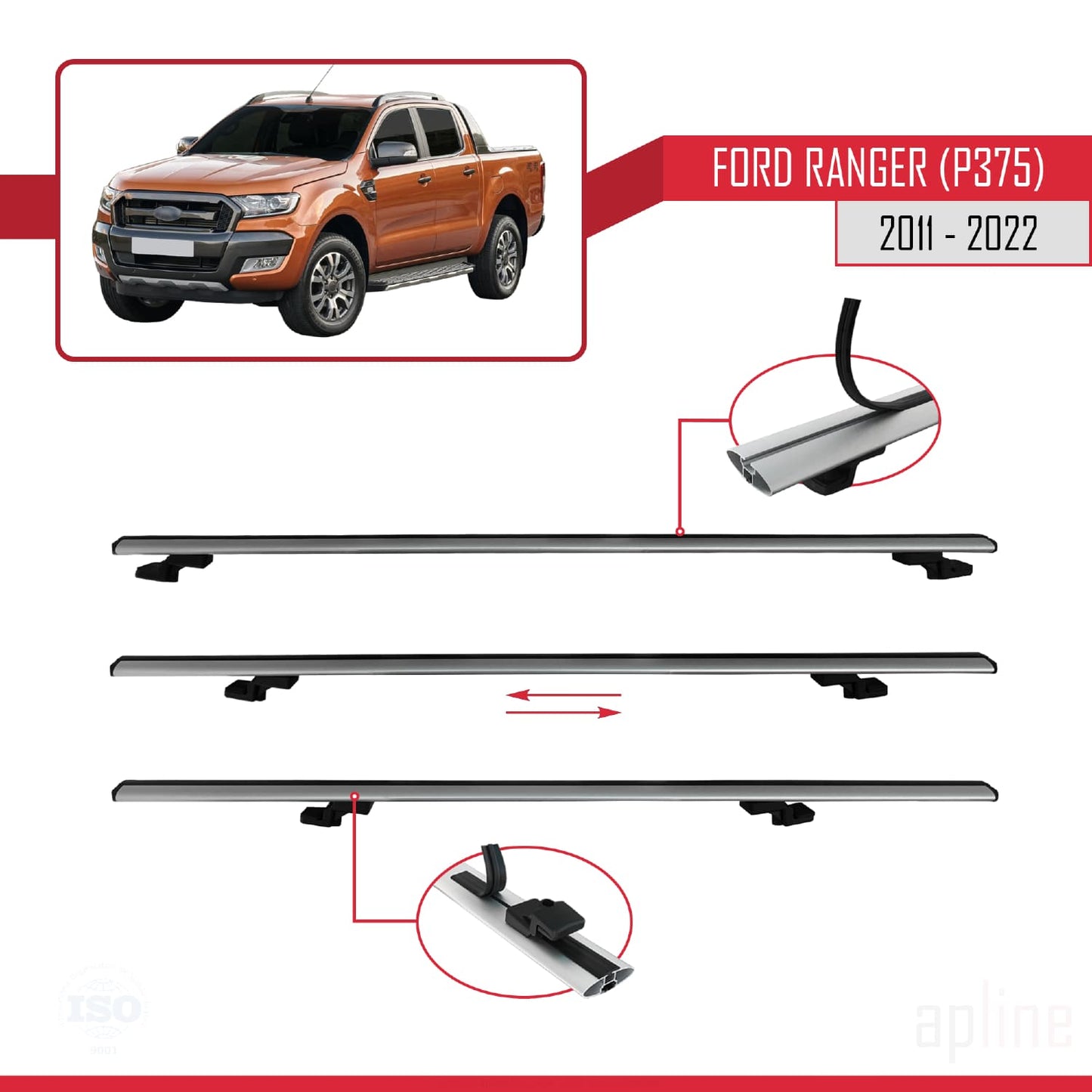 Compatible avec Ford Ranger (P375) 2011-2022 BASIC Model Barres de Toit Railing Porte-Bagages de Voiture Gris Aluminium 2 Barres