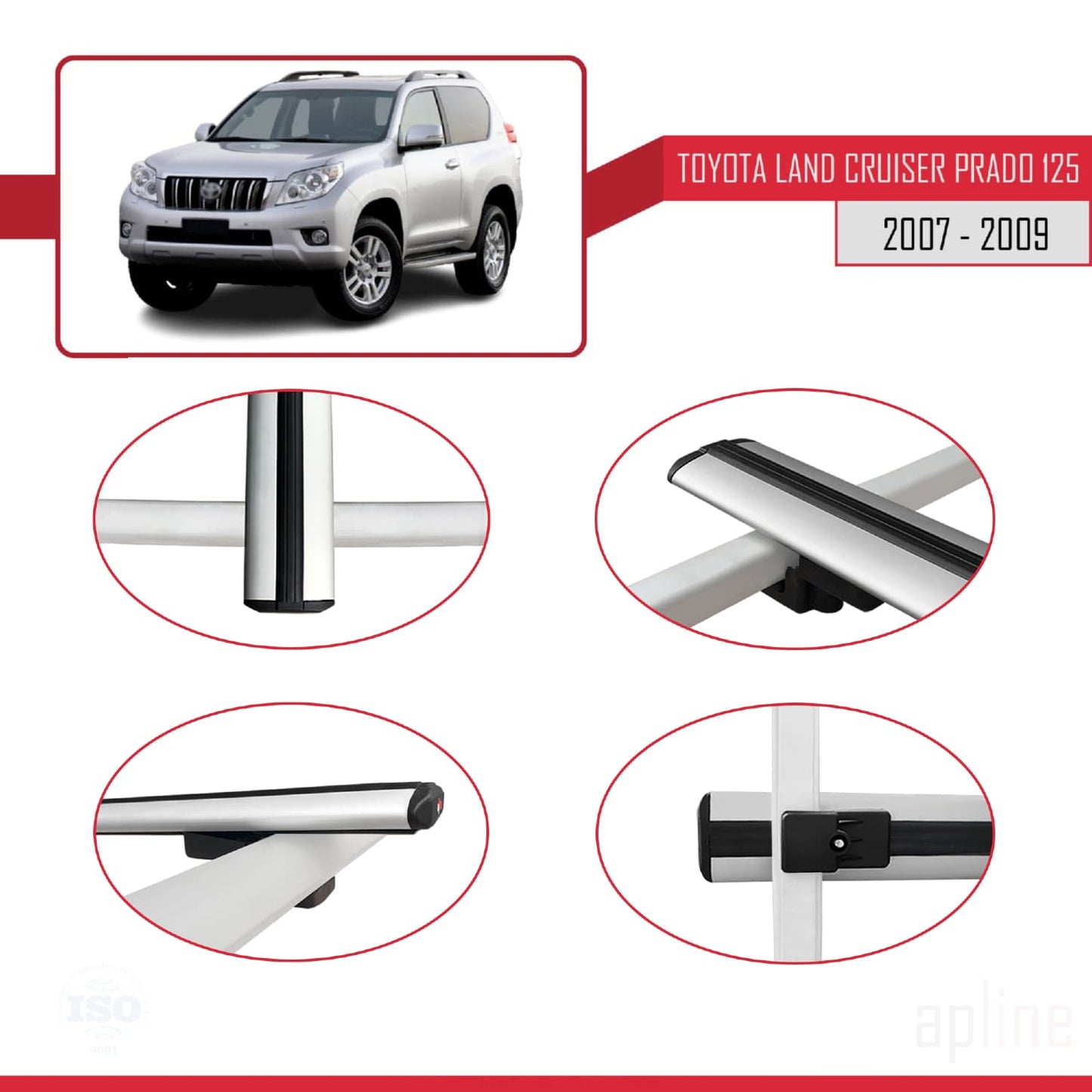 Compatible avec Toyota Land Cruiser Prado (J125) 2007-2009 BASIC Model Barres de Toit Railing Porte-Bagages de Voiture Gris Aluminium 3 Barres