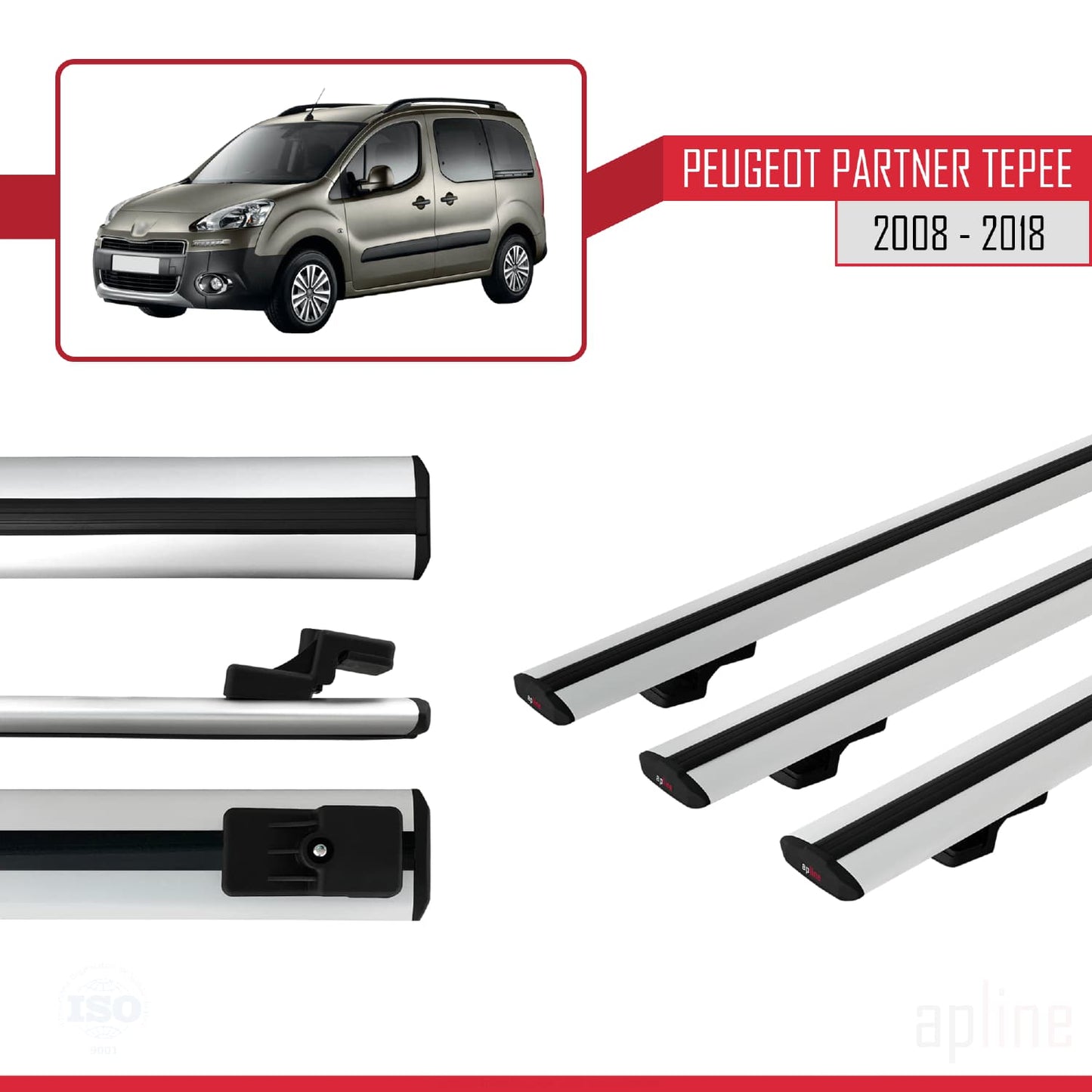 Compatible avec Peugeot Partner 2 Tepee 2008-2018 BASIC Model Barres de Toit Railing Porte-Bagages de Voiture Gris Aluminium 3 Barres