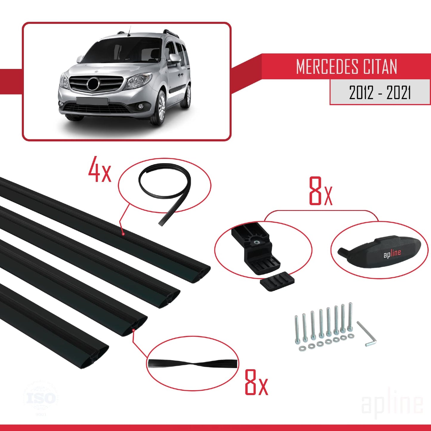 Compatible avec Mercedes Citan (W415) 2012-2021 BASIC Model Barres de Toit Railing Porte-Bagages de Voiture Noir Aluminium 4 Barres