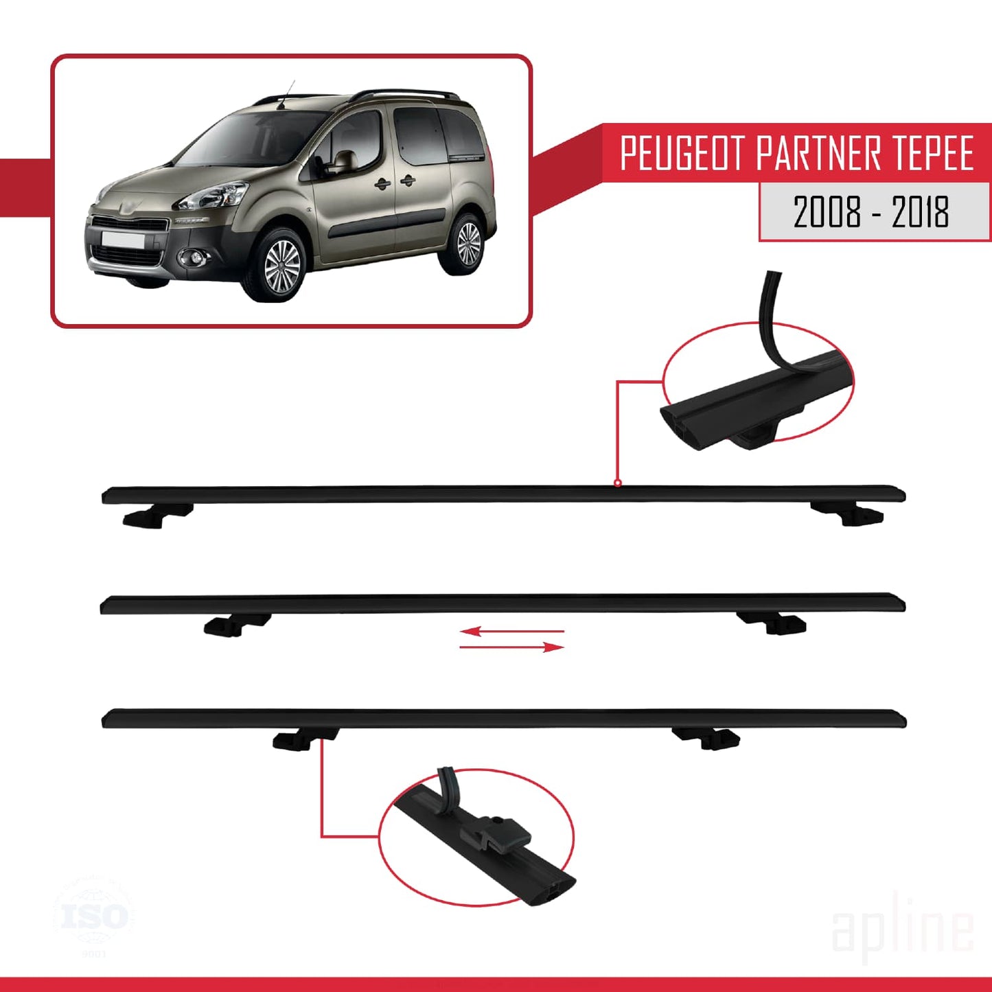 Compatible avec Peugeot Partner 2 Tepee 2008-2018 BASIC Model Barres de Toit Railing Porte-Bagages de Voiture Noir Aluminium 3 Barres